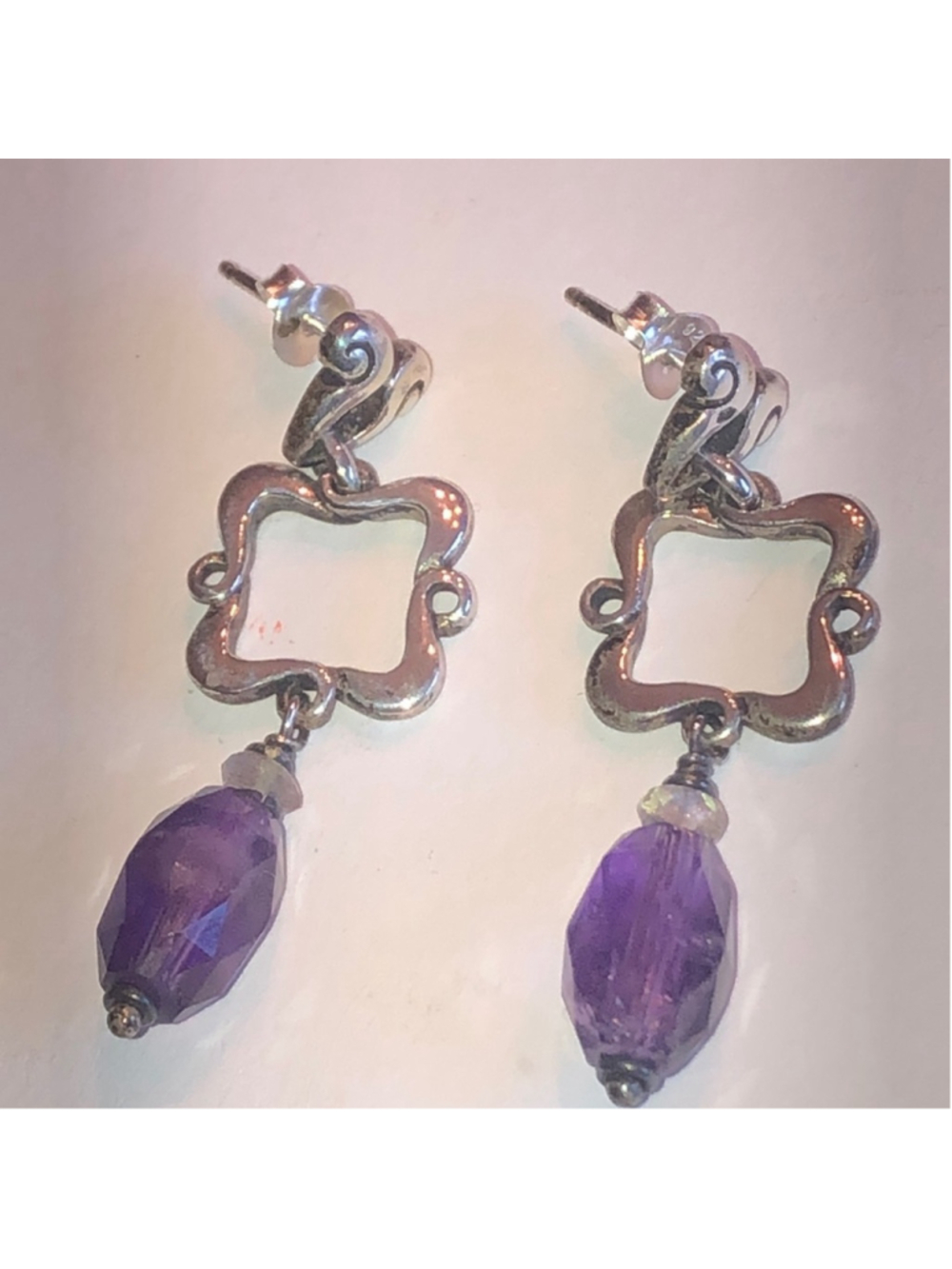 Sterling Silver Vintage Amethyst Quartz Bead Drop Boho Pierced Earrings